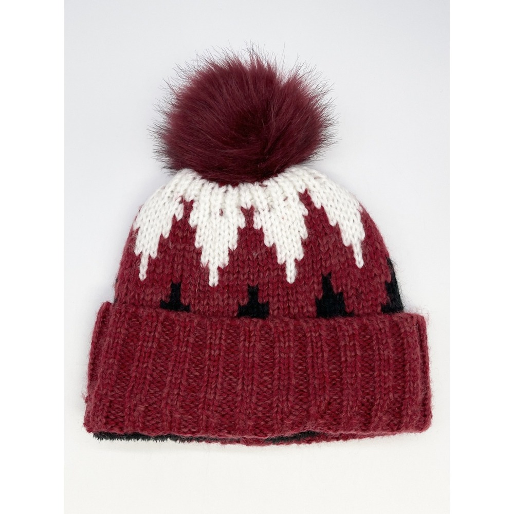 Knit Winter Beanie Pom Hat OS Burgundy Apres Ski Scandi Nordic Snow Bunny